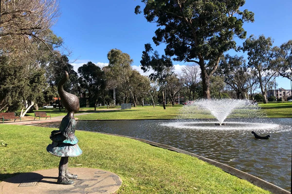 A statue and water feature in Princes Park in Carlton North.